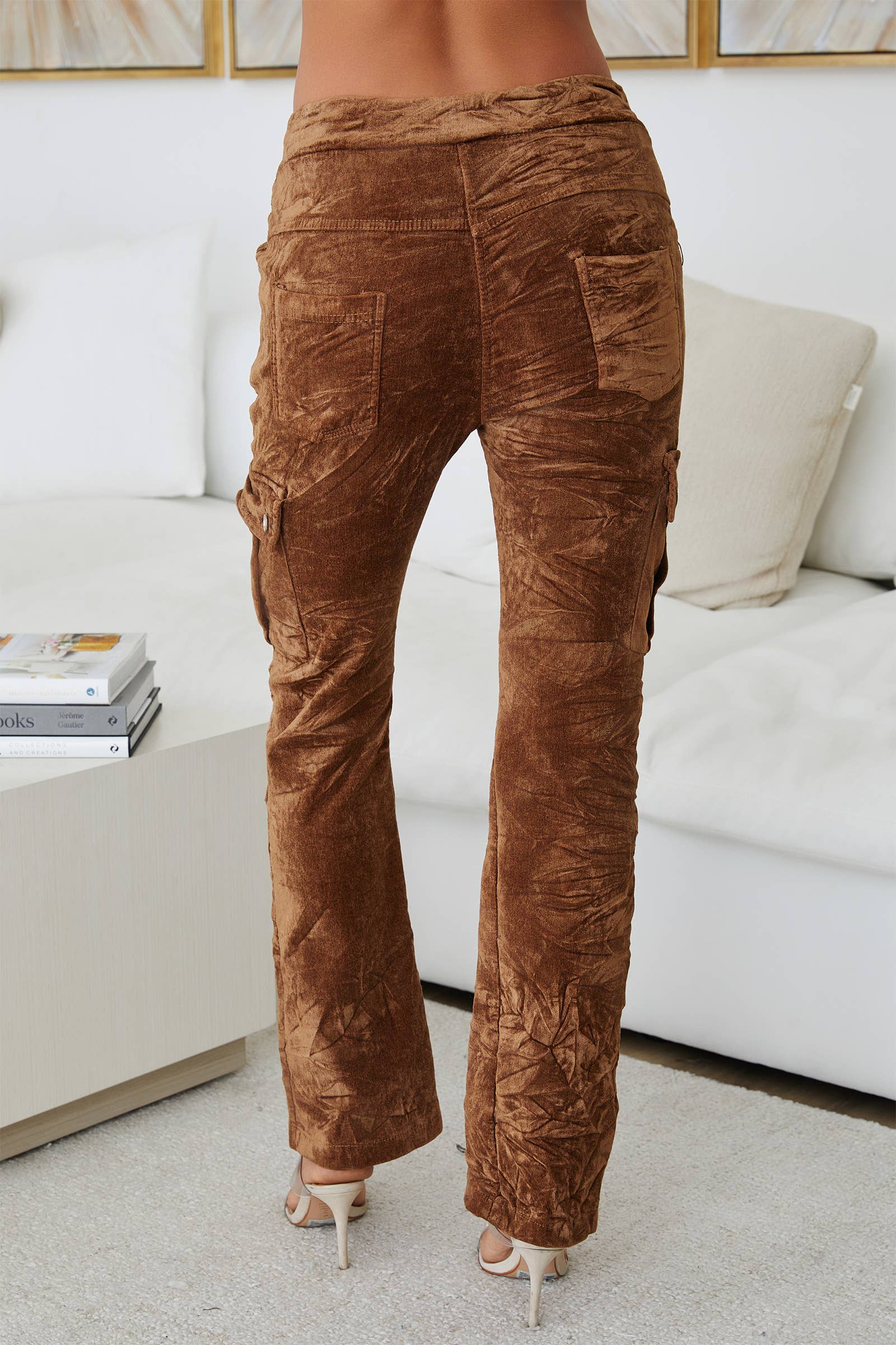 Crushed Velvet Cargo Pants - Camel