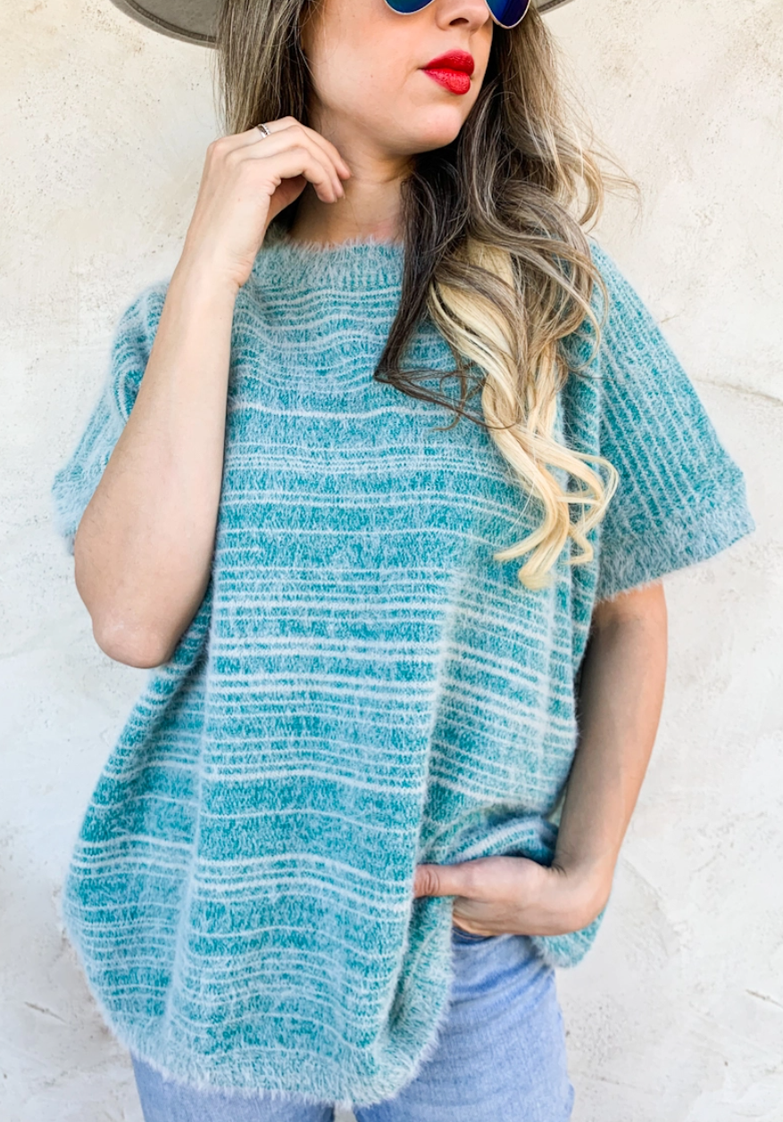 Striped Teal Fuzzy Sweater