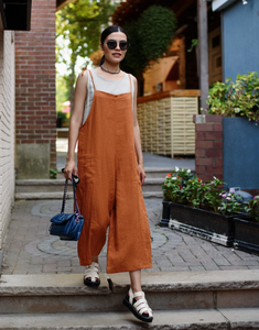 Shoulder Tie Linen Romper - Rust