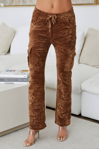 Crushed Velvet Cargo Pants - Camel