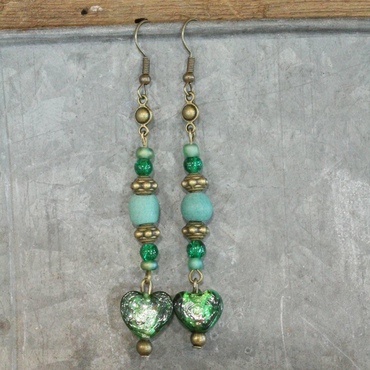 Vintage Glass Deep Green Heart Dangle Earrings