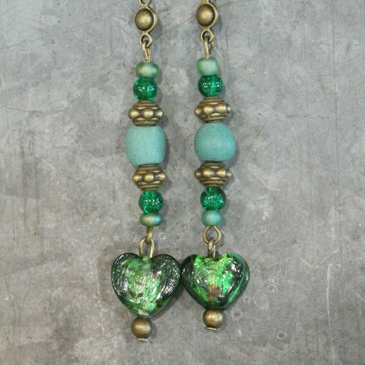 Vintage Glass Deep Green Heart Dangle Earrings