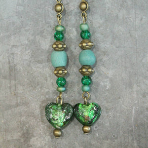 Vintage Glass Deep Green Heart Dangle Earrings