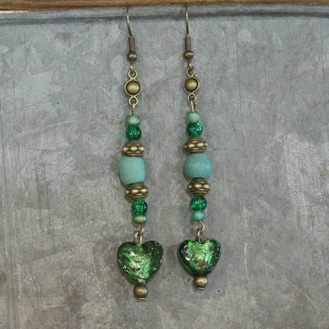 Vintage Glass Deep Green Heart Dangle Earrings