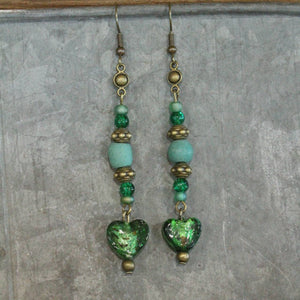 Vintage Glass Deep Green Heart Dangle Earrings