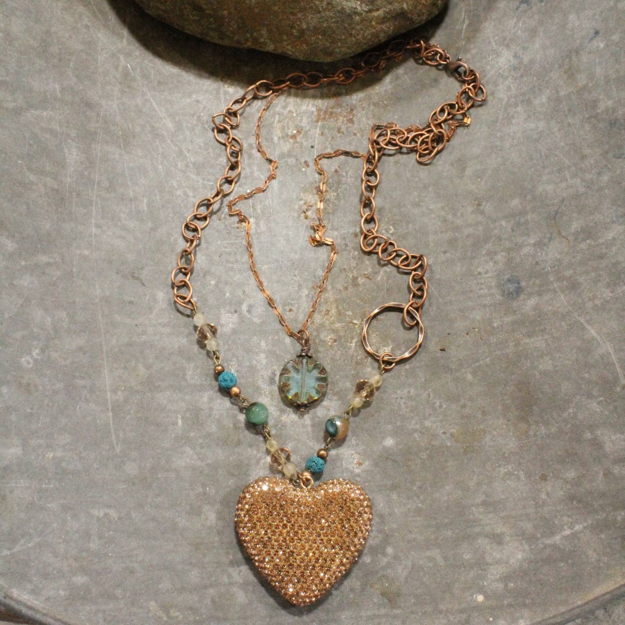 Sparkling Heart & Layers Of Blue Mint Czech Necklace