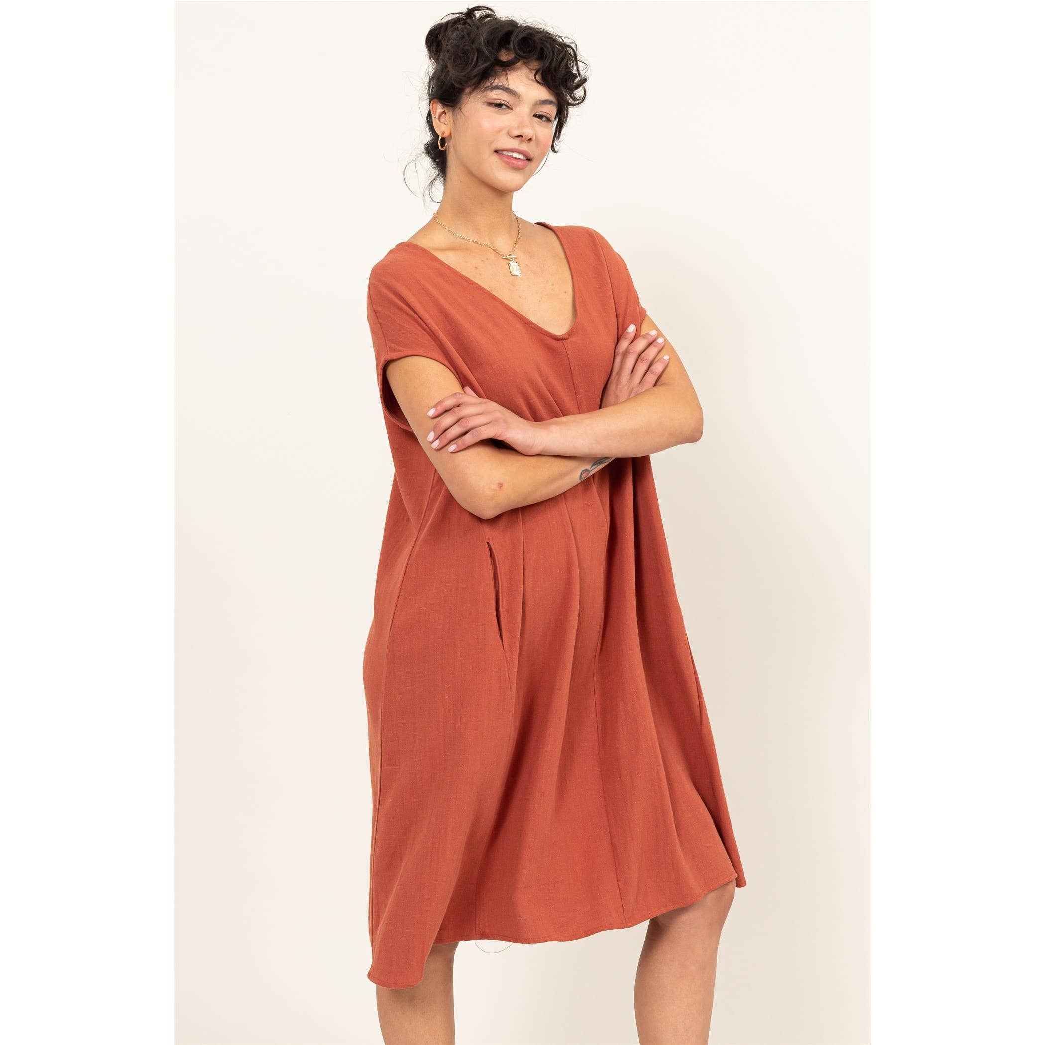 V Neck Oversized Linen Midi Dress