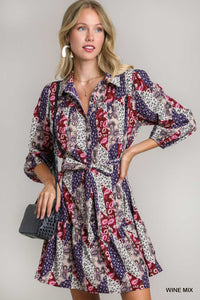 Wine Paisley Button & Belt Dress