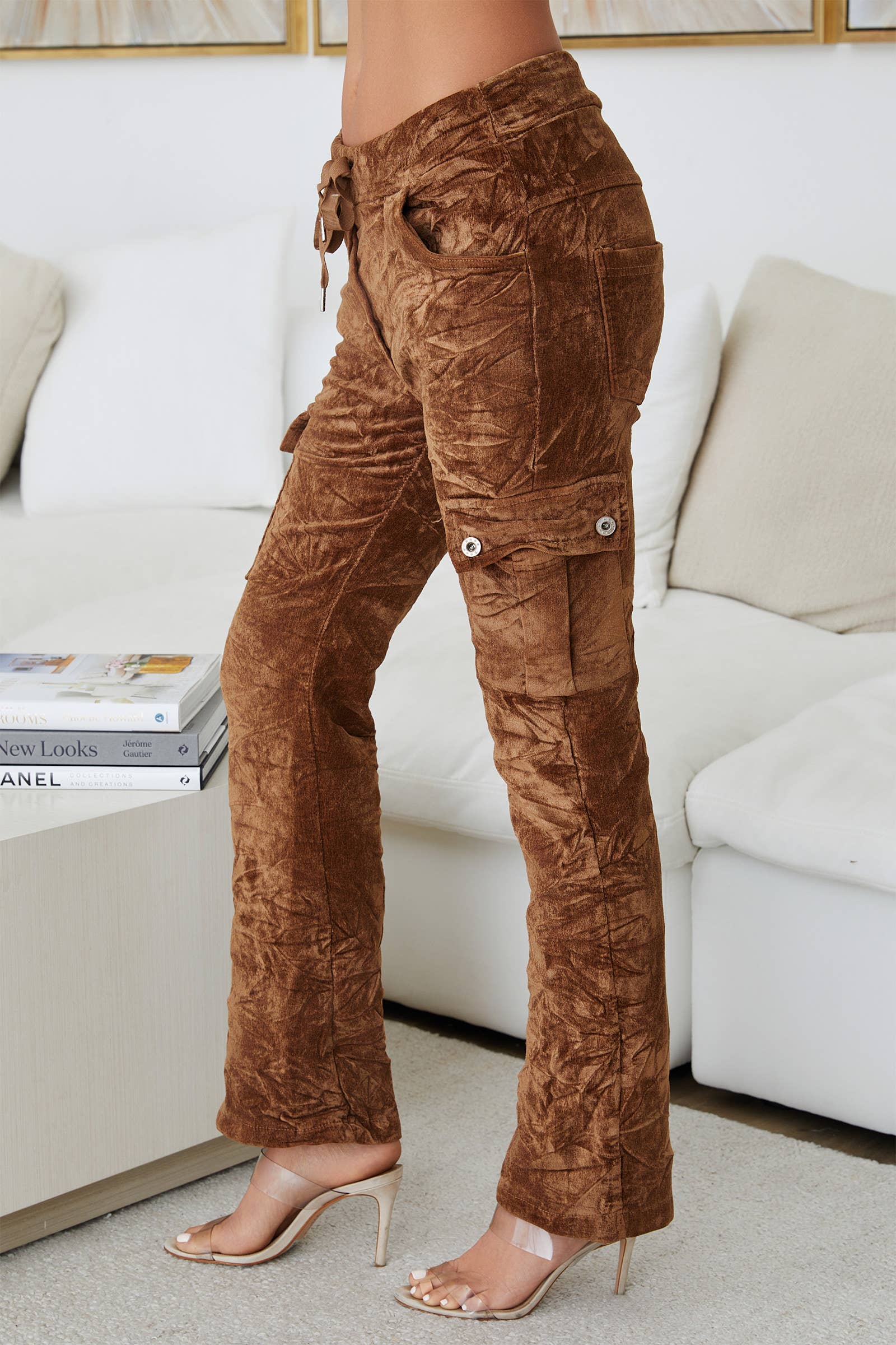 Crushed Velvet Cargo Pants - Camel