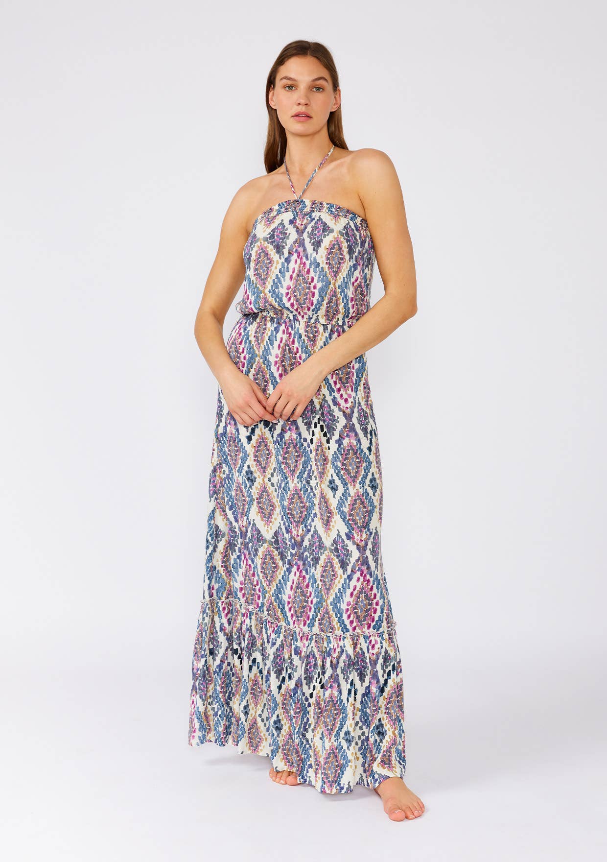 Bohemian Geometric Smocked Halter Maxi Dress