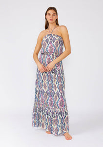 Bohemian Geometric Smocked Halter Maxi Dress