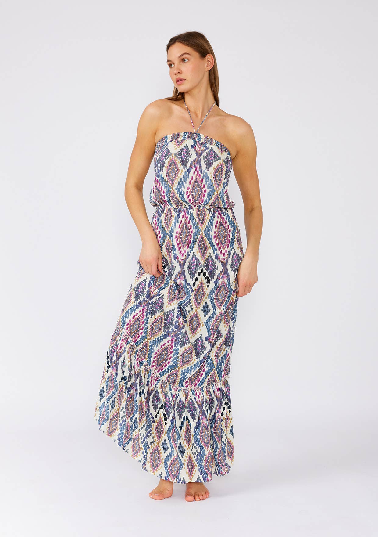 Bohemian Geometric Smocked Halter Maxi Dress