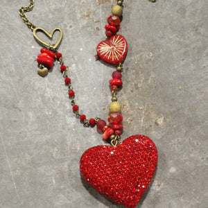 Retro Red Dazzling Heart & Czech Necklace