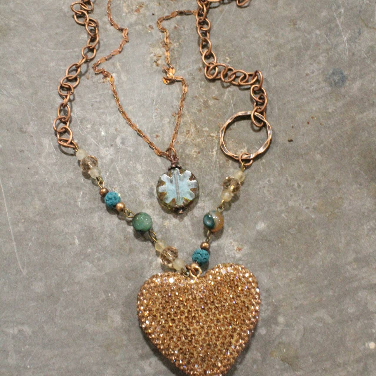 Sparkling Heart & Layers Of Blue Mint Czech Necklace