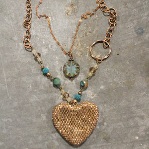 Sparkling Heart & Layers Of Blue Mint Czech Necklace