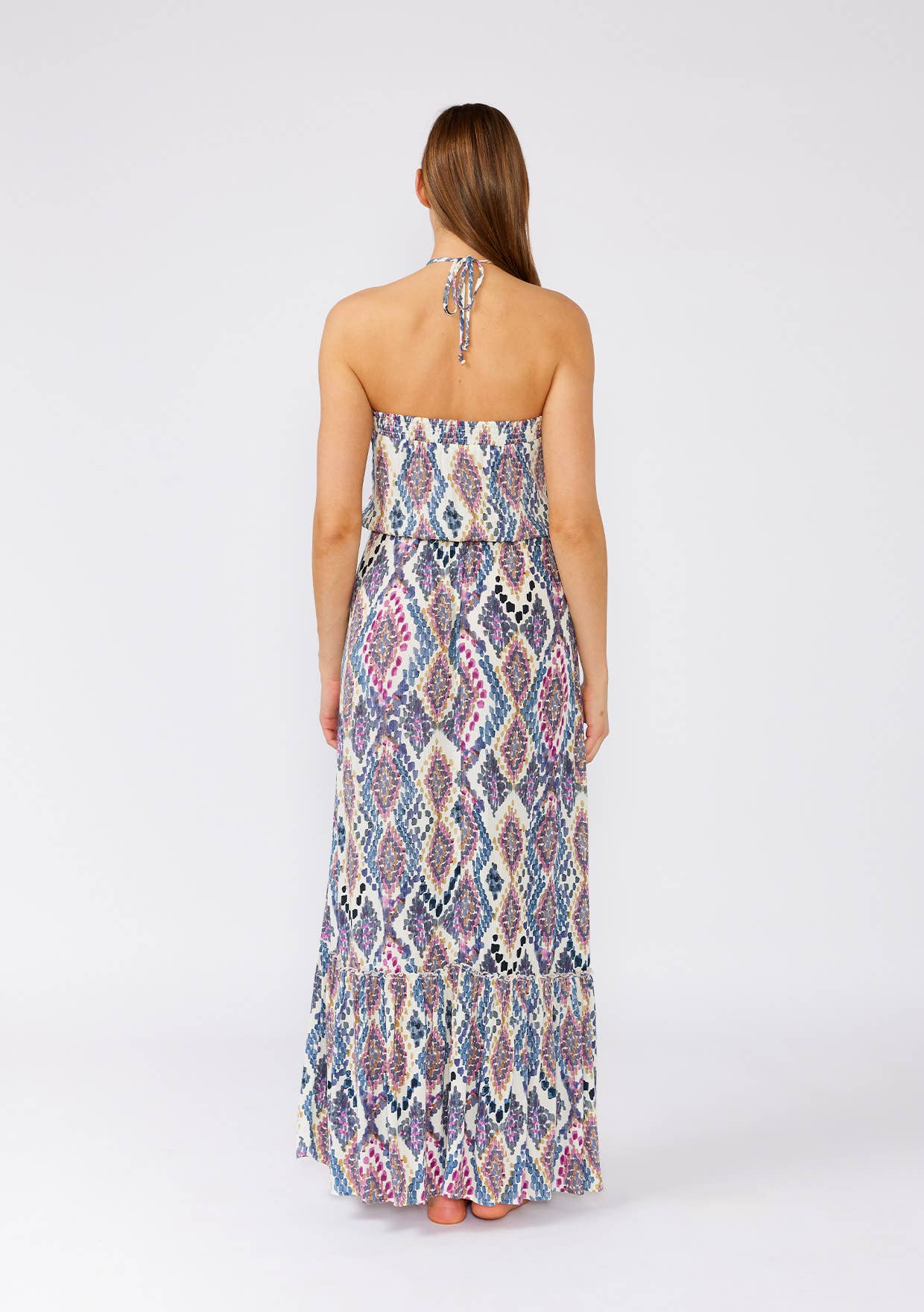 Bohemian Geometric Smocked Halter Maxi Dress