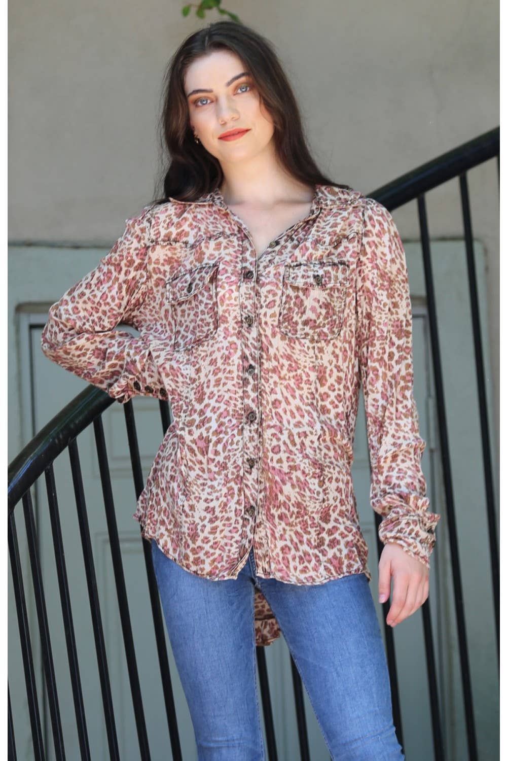 Rose Animal Print Button Up