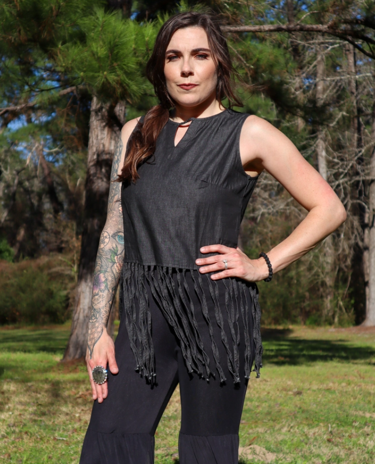 Fringe Sleeveless Chambray Top - Black