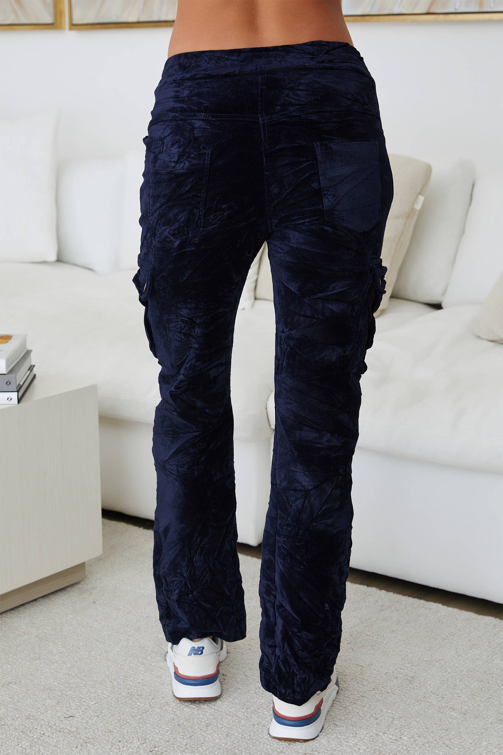 Crushed Velvet Cargo Pants - Navy