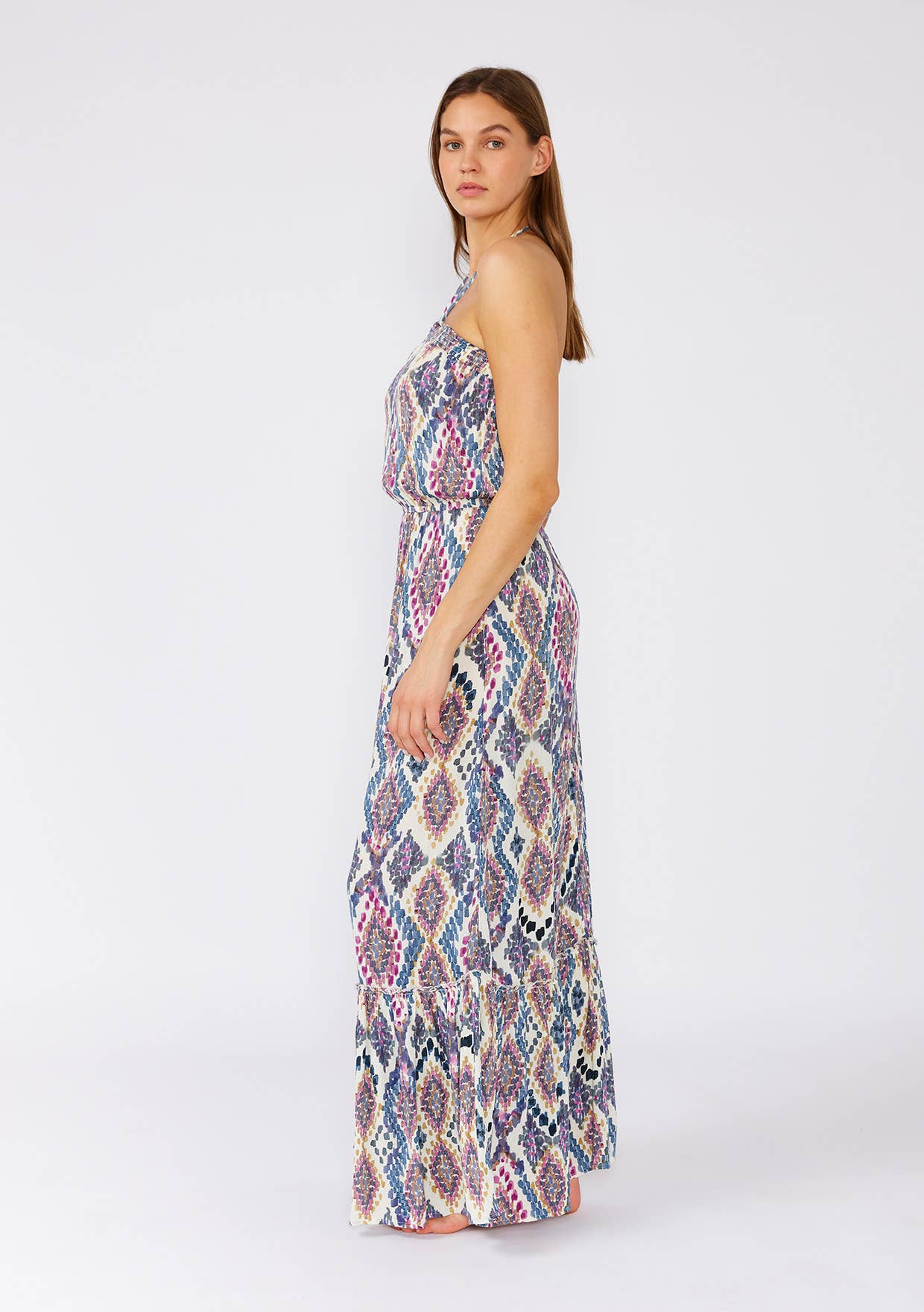 Bohemian Geometric Smocked Halter Maxi Dress