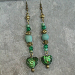 Vintage Glass Deep Green Heart Dangle Earrings