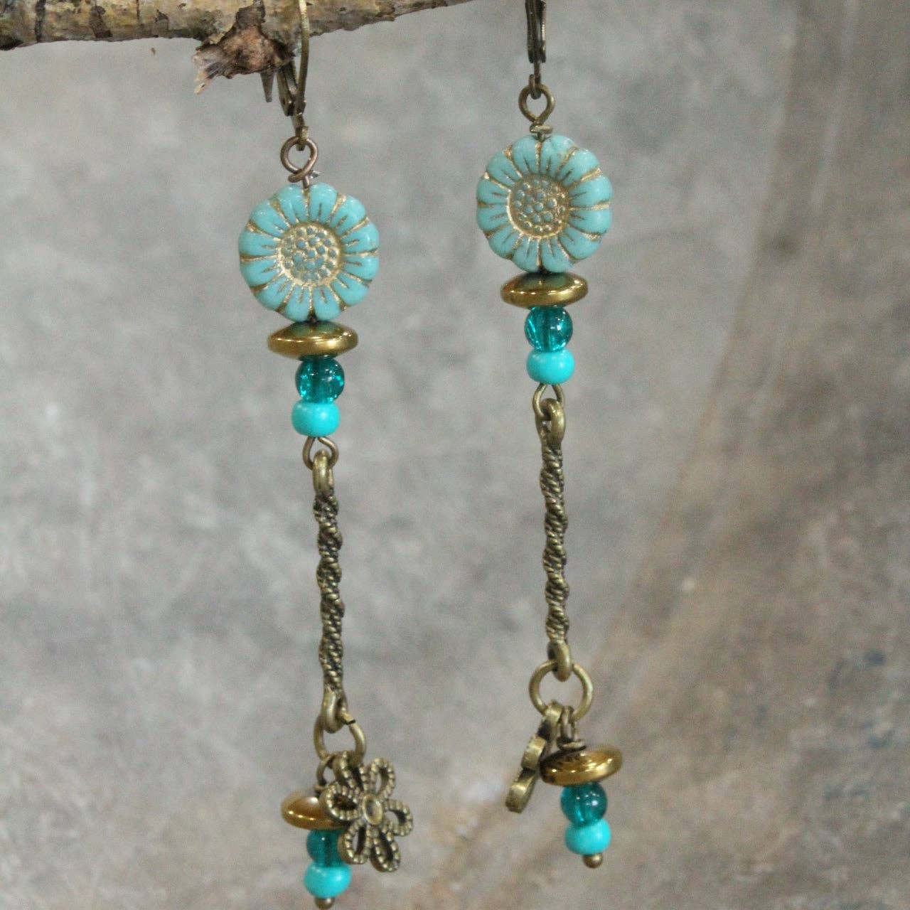 Shades Of Mint Czech Flowers & Bronze Pendant Drop Earrings