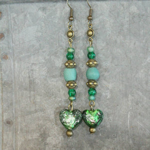 Vintage Glass Deep Green Heart Dangle Earrings