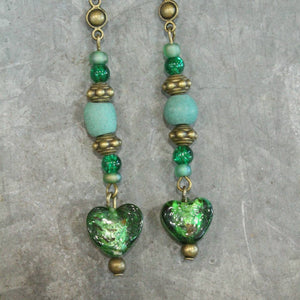 Vintage Glass Deep Green Heart Dangle Earrings