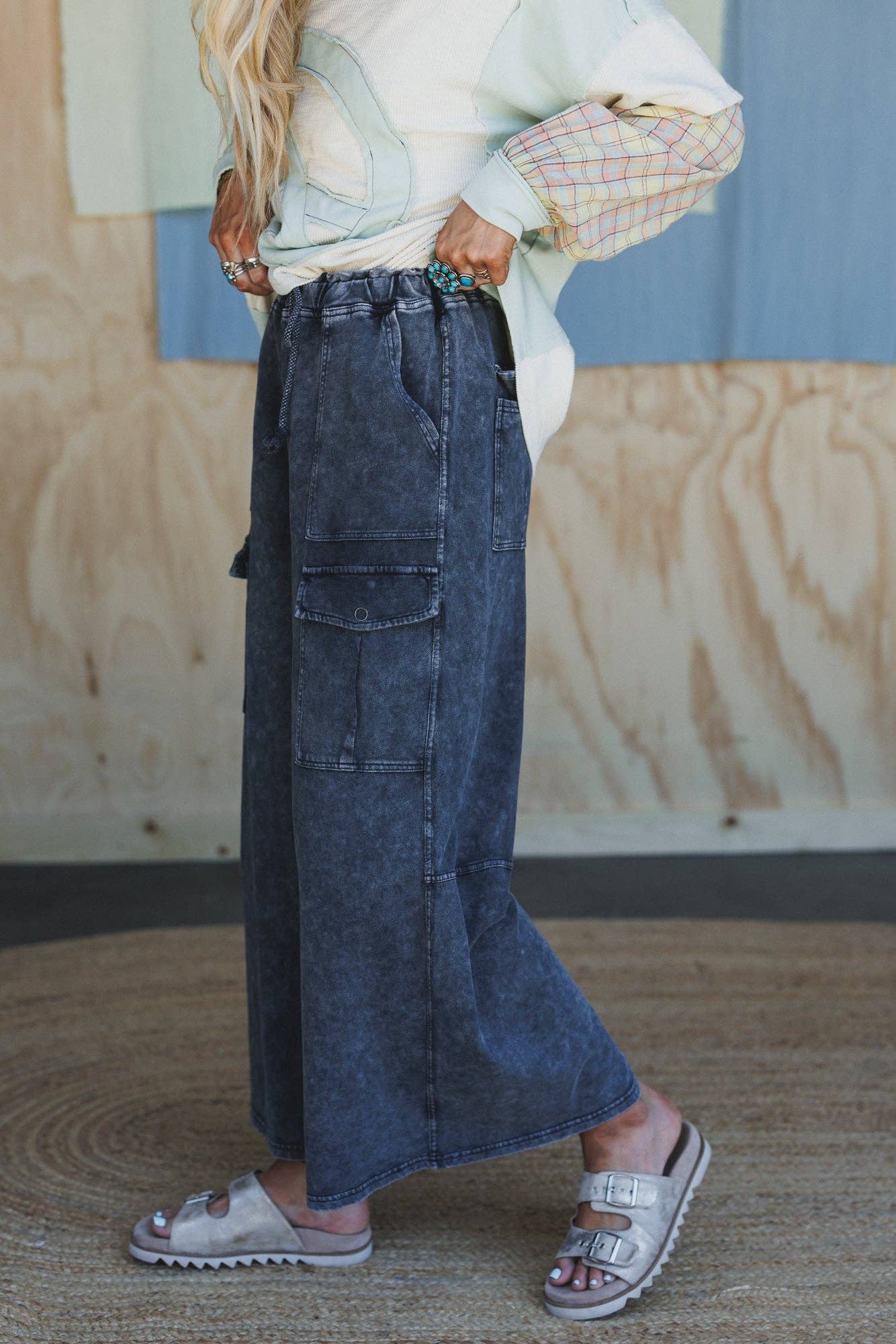 Cargo Wide Leg Pants - Ash Black