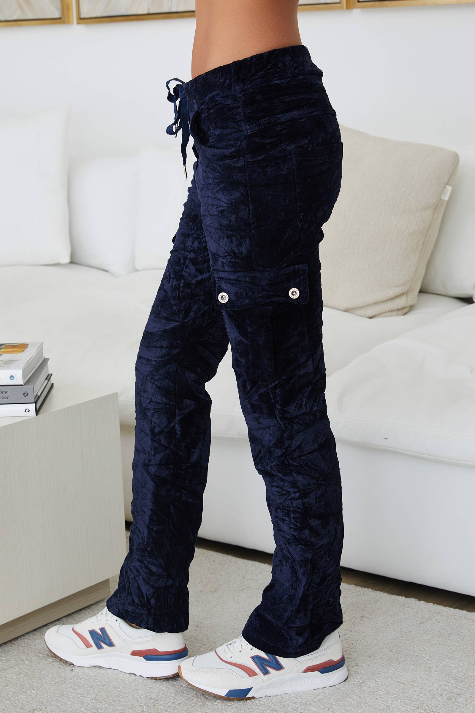 Crushed Velvet Cargo Pants - Navy